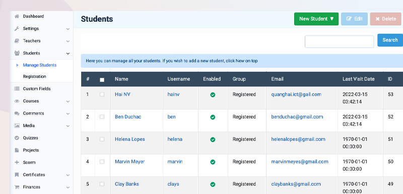 joomla lms extension students