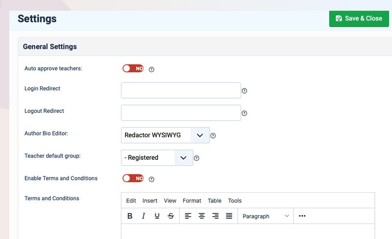 joomla lms extension teacher settings