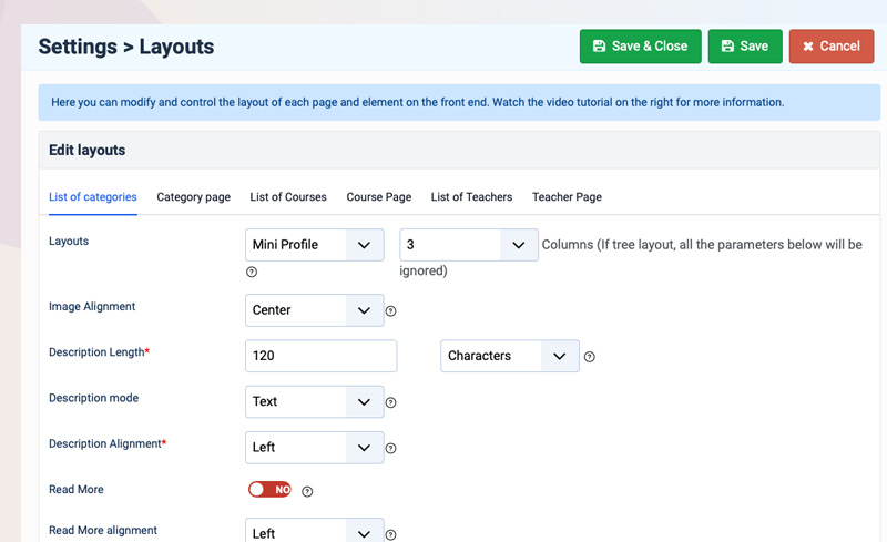 Joomla LMS Extension layout settings