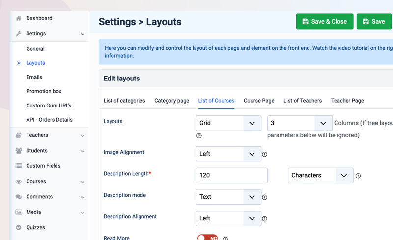Joomla LMS Extension layout settings