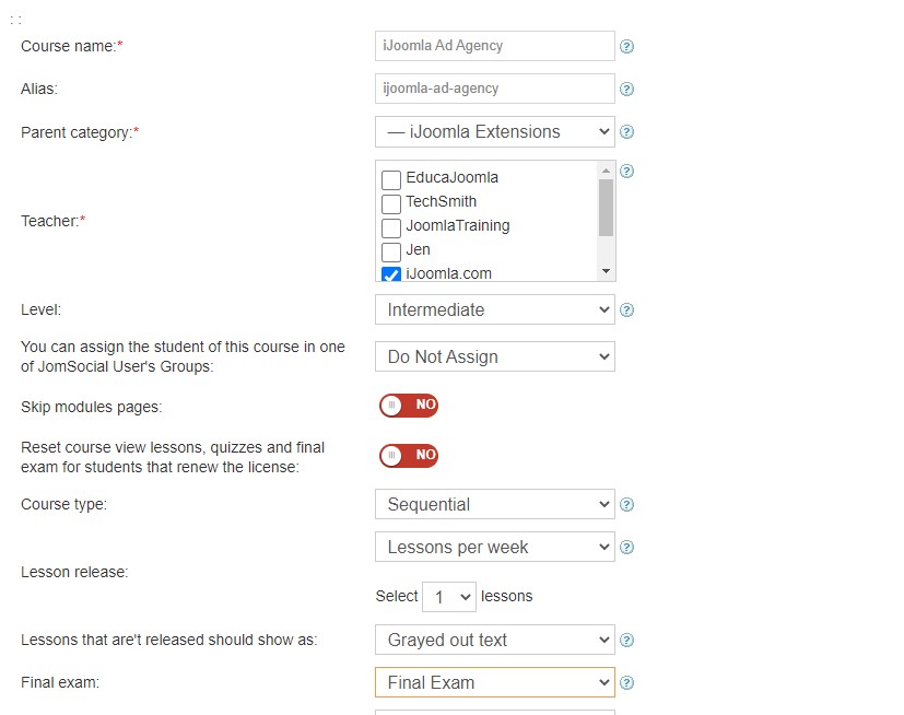 Joomla LMS extension final exam