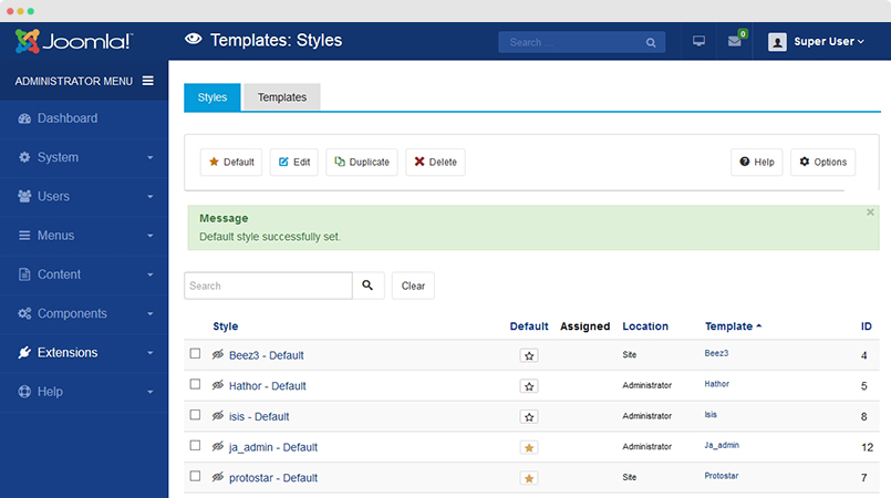 set JA Admin as default template