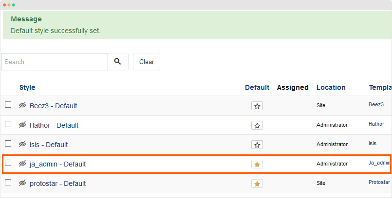 set JA Admin as default template