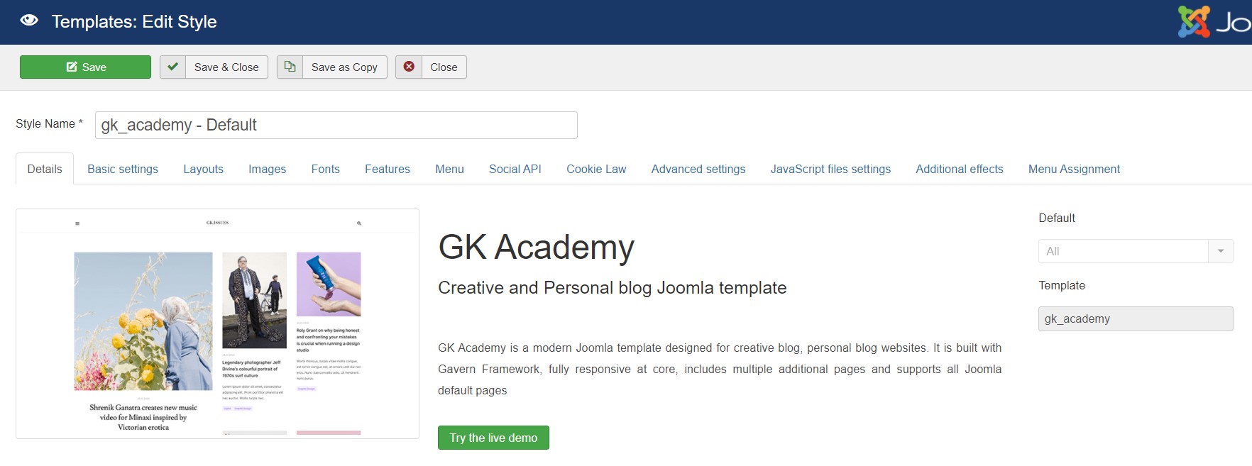GK Academy template settings