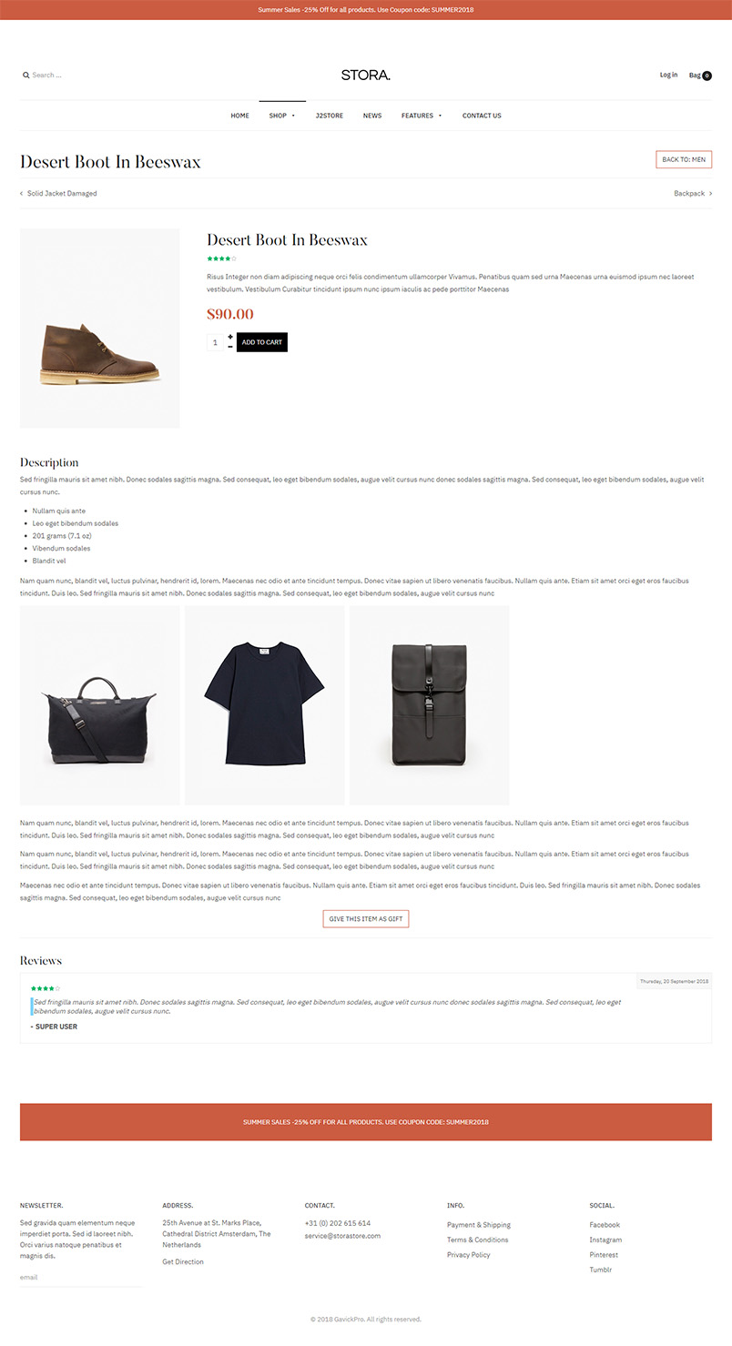 ecommerce page joomla template product detail page GK Stora