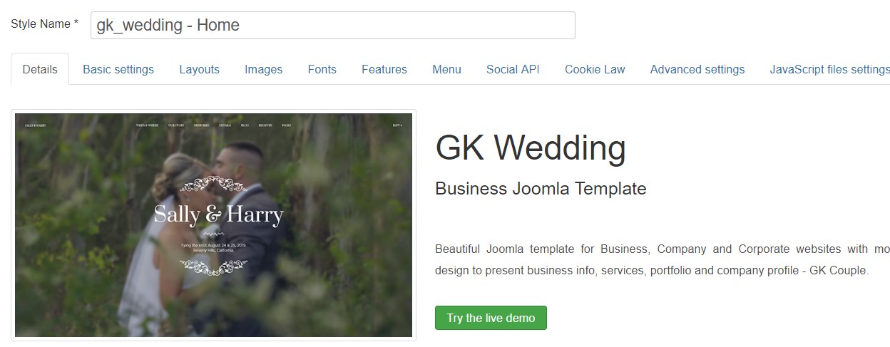 GK Wedding template settings