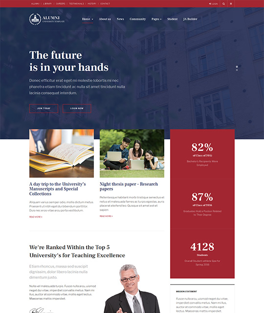 Alumni university education Joomla template homepage layout - JA Alumni
