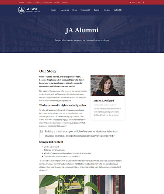 Alumni university education Joomla template our story layout - JA Alumni