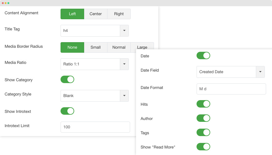 JA Content listing module settings