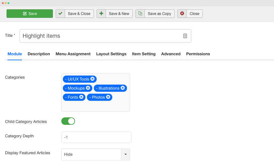 Joomla article display module settings