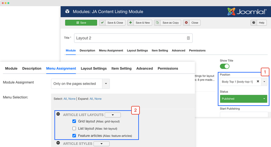 Joomla article display module settings