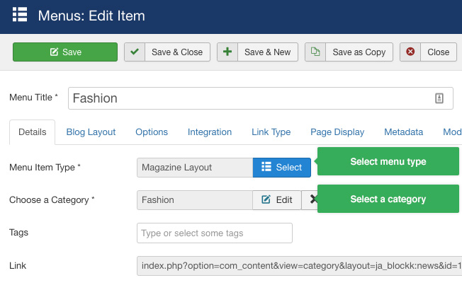 Joomla Magazine Layout settings - JA Blockk