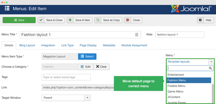 joomla menu settings