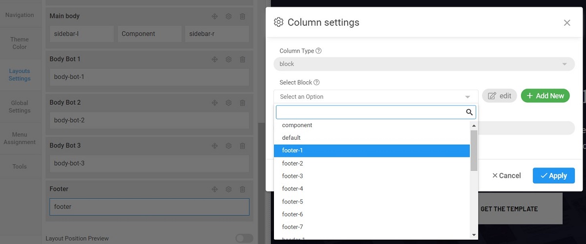 footer layout configuration