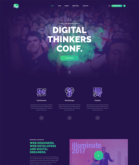Joomla events template  homepage layout purple color - JA Conference