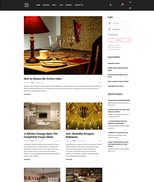 Interior Design Decor Furniture Shop Joomla Template homepage blog layout - JA Elicyon