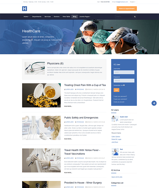 Medical Healthcare Hospital Joomla Template homepage blog layout - JA Healthcare