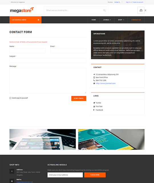 Ecommerce Shop Joomla Template contact form layout - JA Megastore