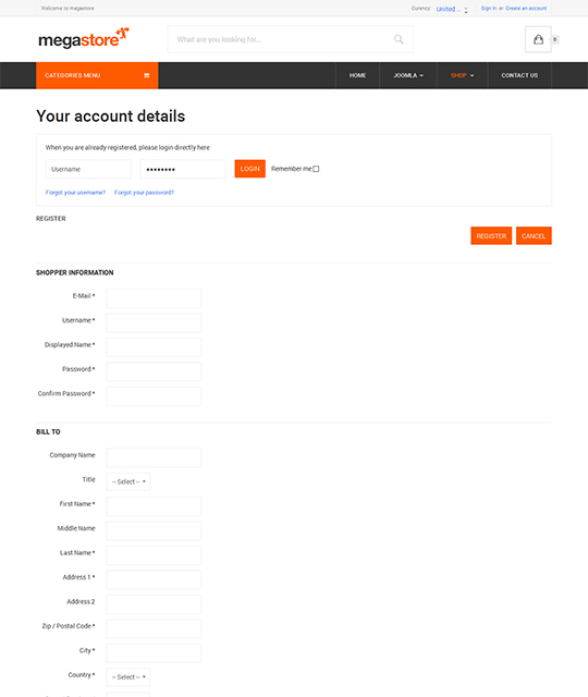 Ecommerce Shop Joomla Template profile page - JA Megastore
