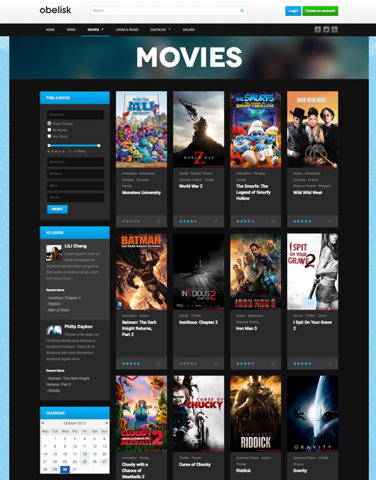 movie and entertainment joomla template -  ja obelisk category page