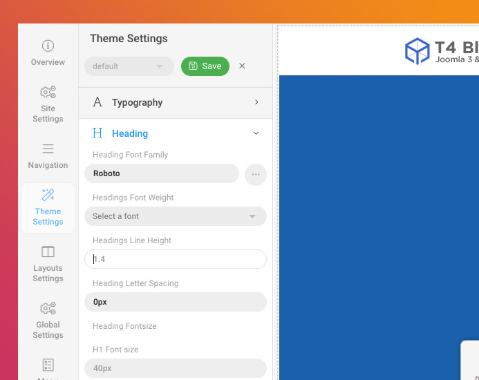 T4 Joomla template framework theme settings