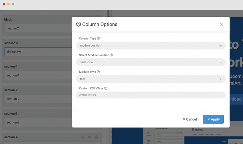 t4 joomla template framework layout builder column settings
