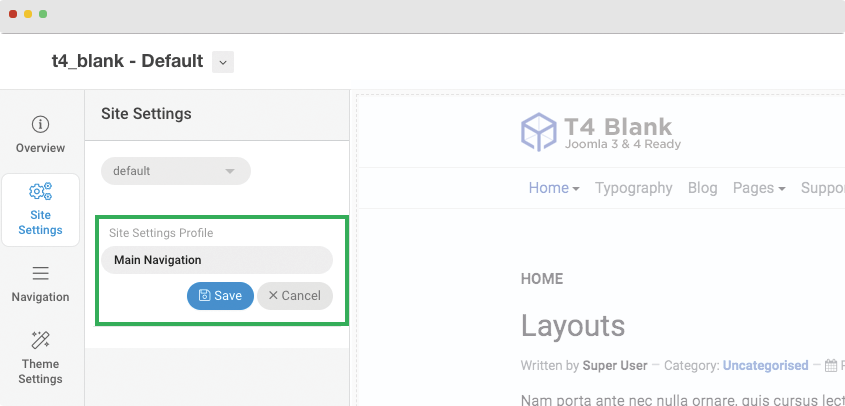 t4 joomla template create site setting profile