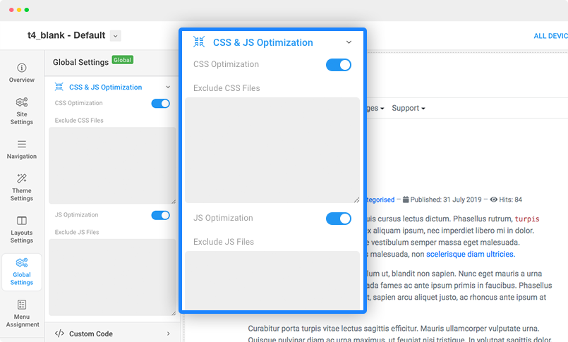 t4 joomla template framework css and js optimization