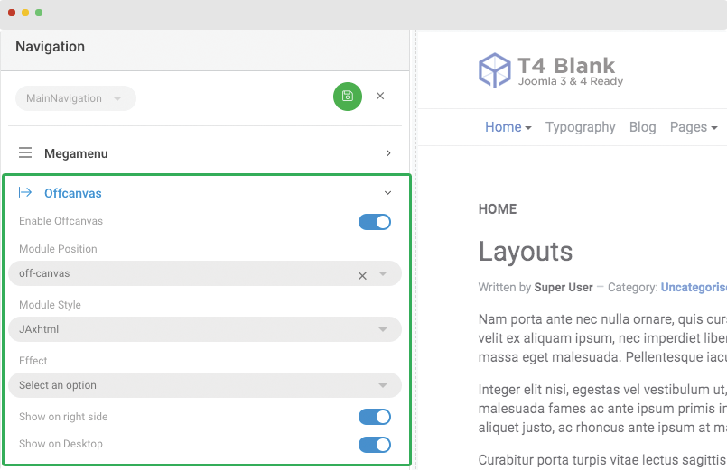 Joomla off-canvas menu settings