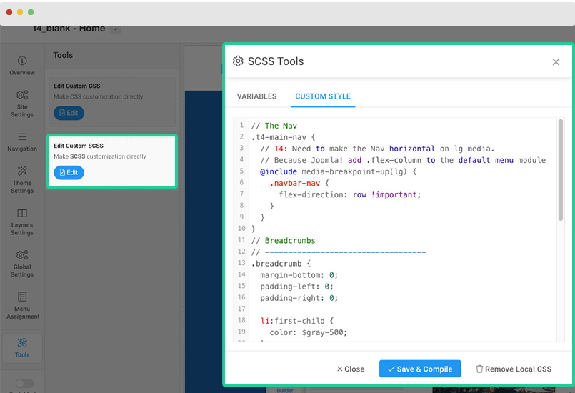 t4 joomla template scss customization tool