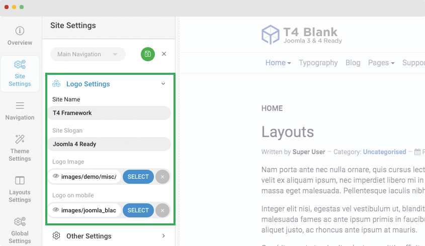 t4 joomla template logo settings