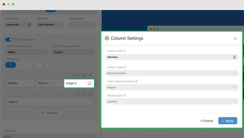 t4 joomla template framework megamenu column settings