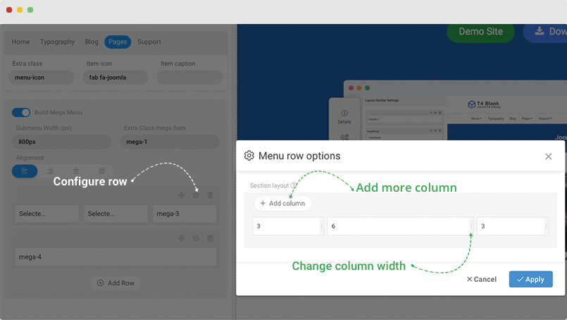 t4 joomla template framework megamenu row settings