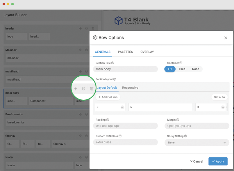 t4 joomla template layout builder row settings