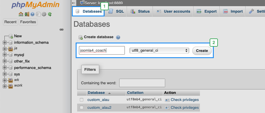 create database for joomla 4 quickstart installation