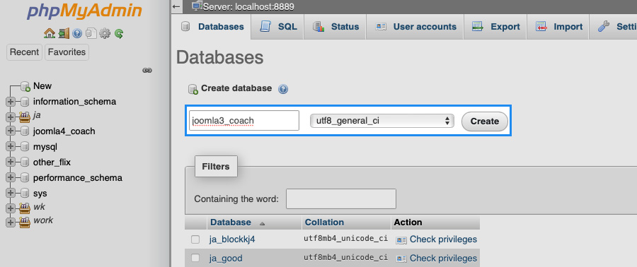 create database for joomla 4 quickstart installation