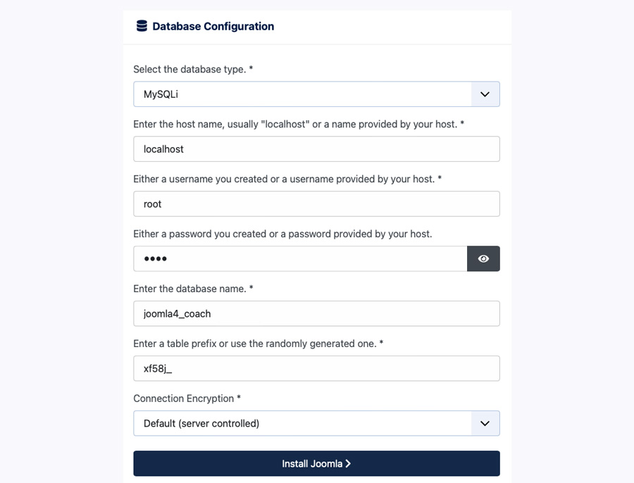 joomla 4 installatio database configuration