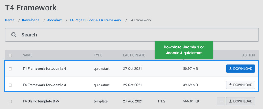 download t4 joomla template framework quickstart packages