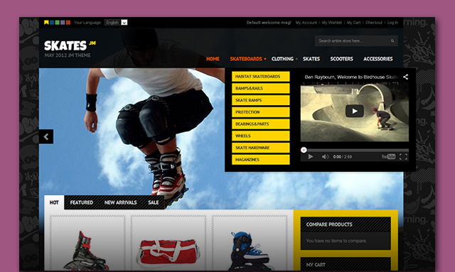 Magento theme JM Skates with Magento Mega menu