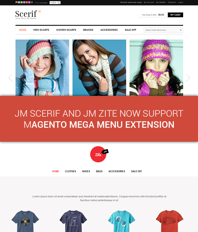 Magento themes JM Scerif and JM Zite updated to support Magento Mega Menu Extension