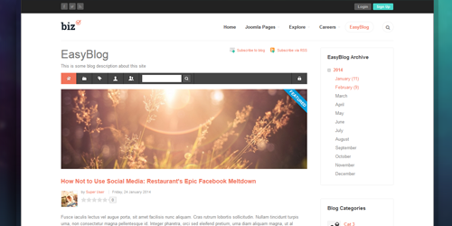 JA Biz - The responsive Joomla template supports EasyBlog