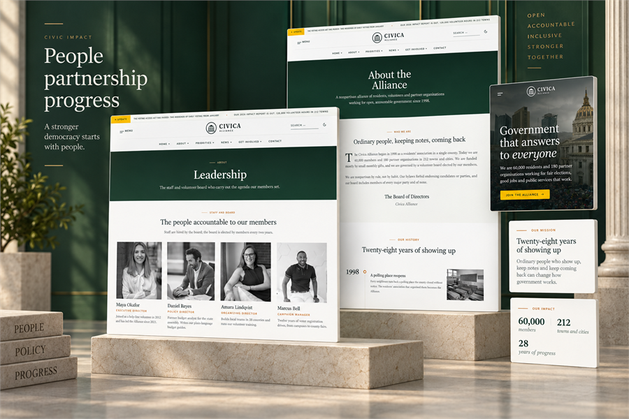 About, Leadership and Timeline Pages
