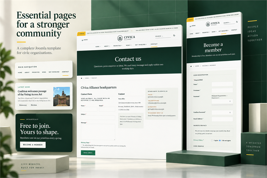 Contact, Registration and Essential Joomla Pages