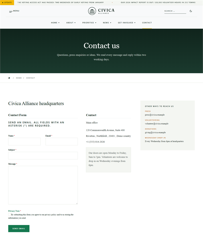 Contact page Joomla template for NGOs - JA Civica