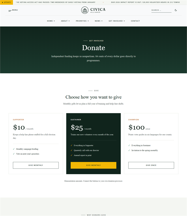 Donation page Joomla template for nonprofits - JA Civica