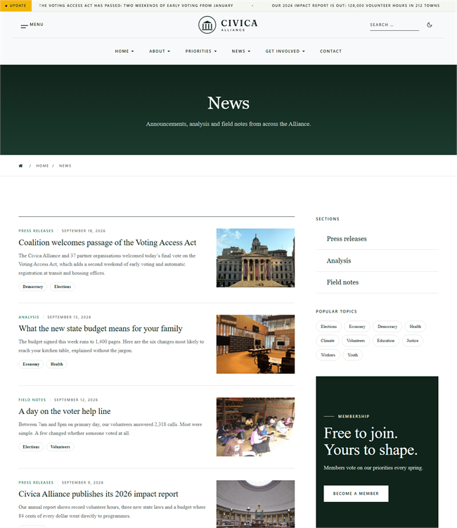 Nonprofit newsroom and press releases Joomla template - JA Civica