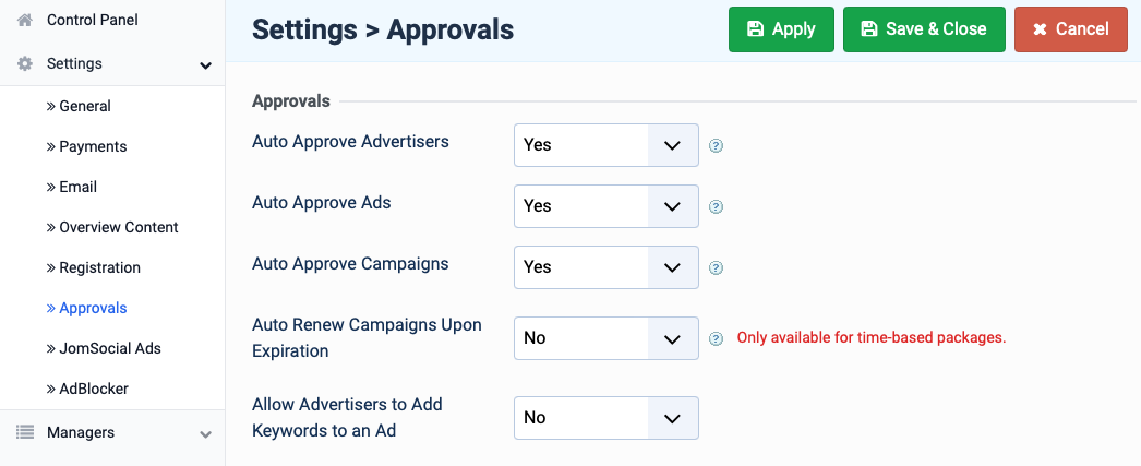 Joomla Adagency auto approval settings