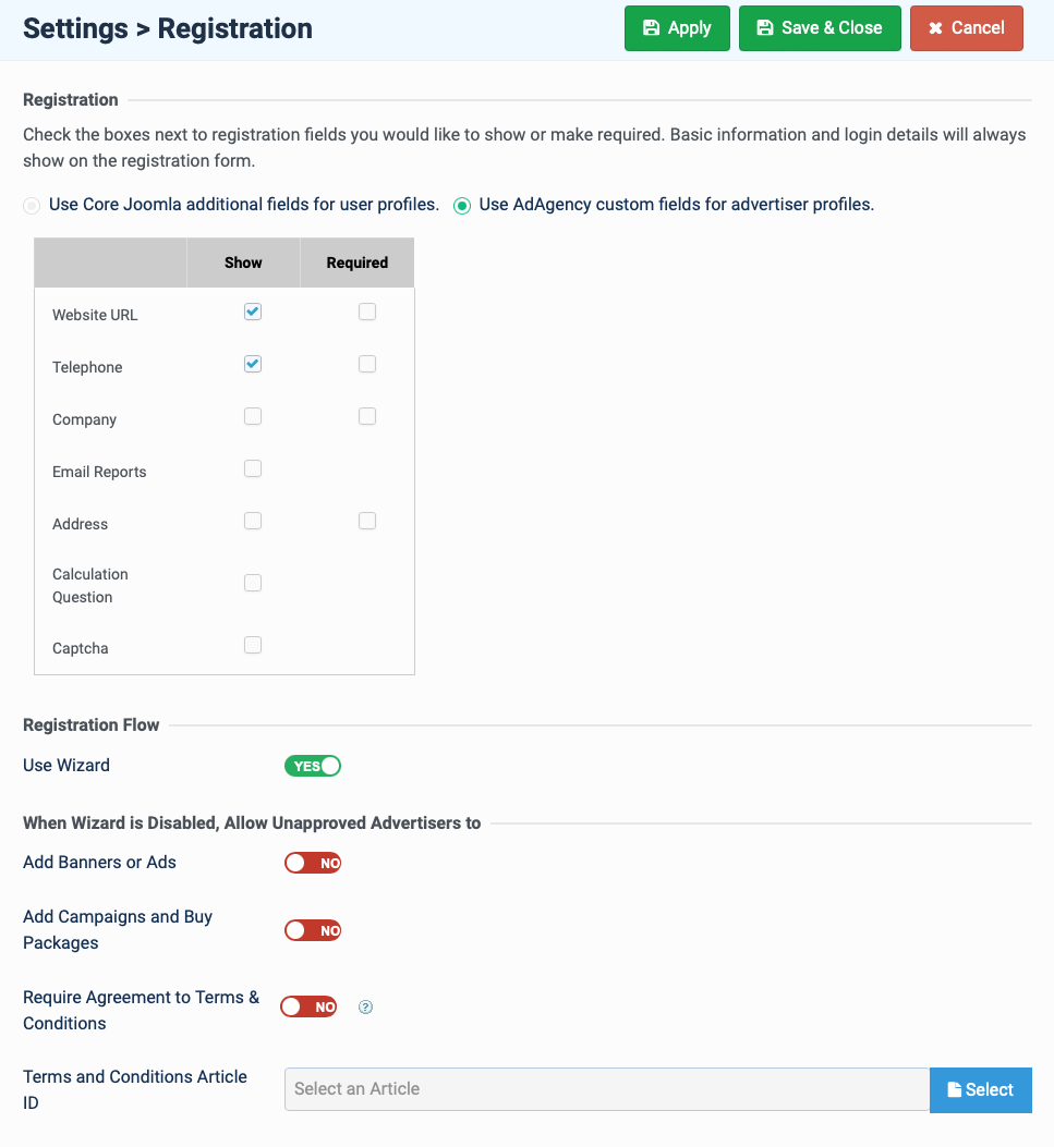 Joomla Adagency registration settings