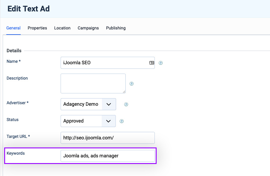 Joomla ads extension zone keyword targeting