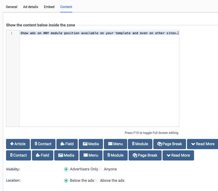 Joomla advertising zone content